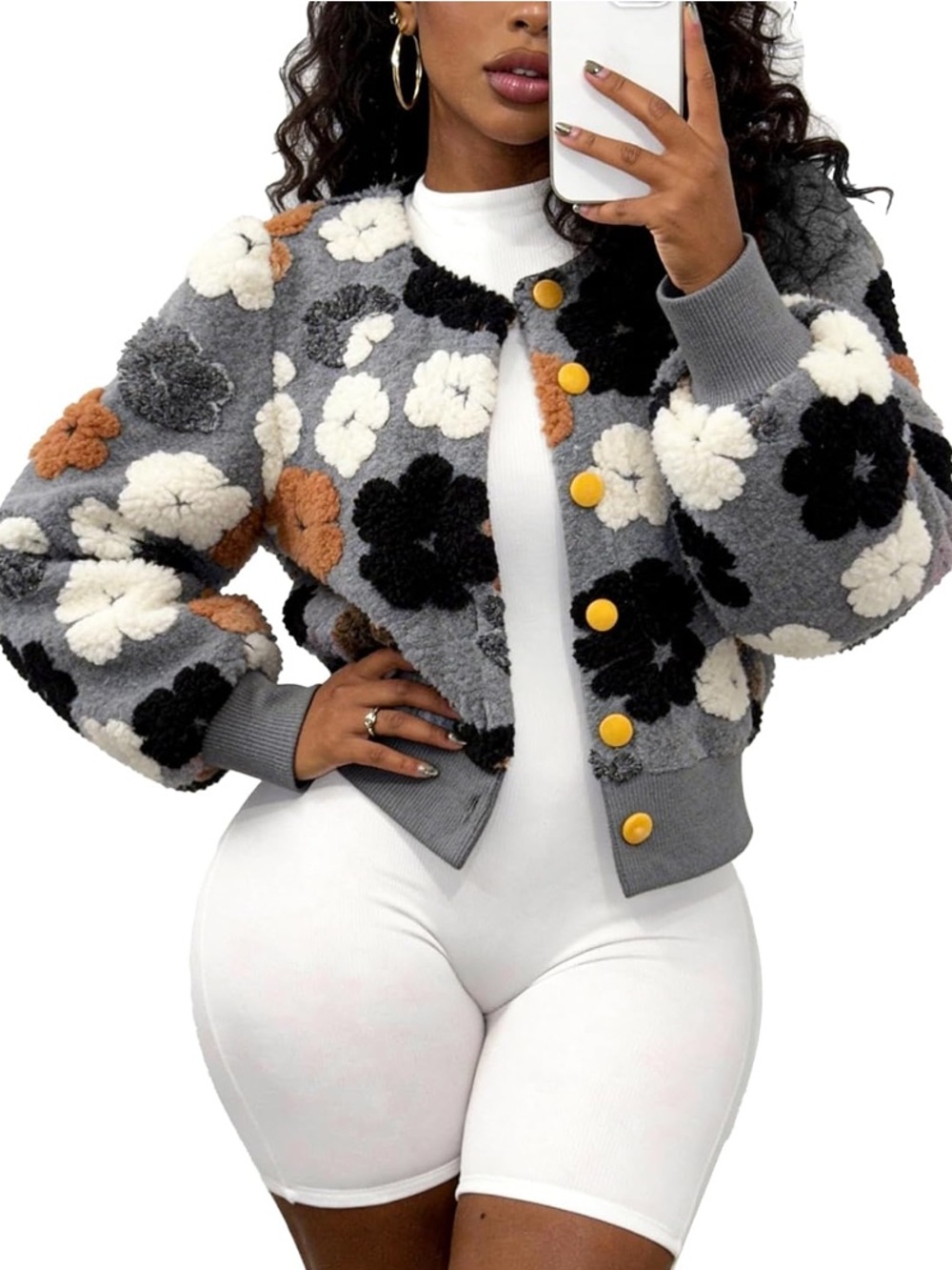 Floral Sherpa Bomber Jacket - Gray with Black, White & Tan Flowers